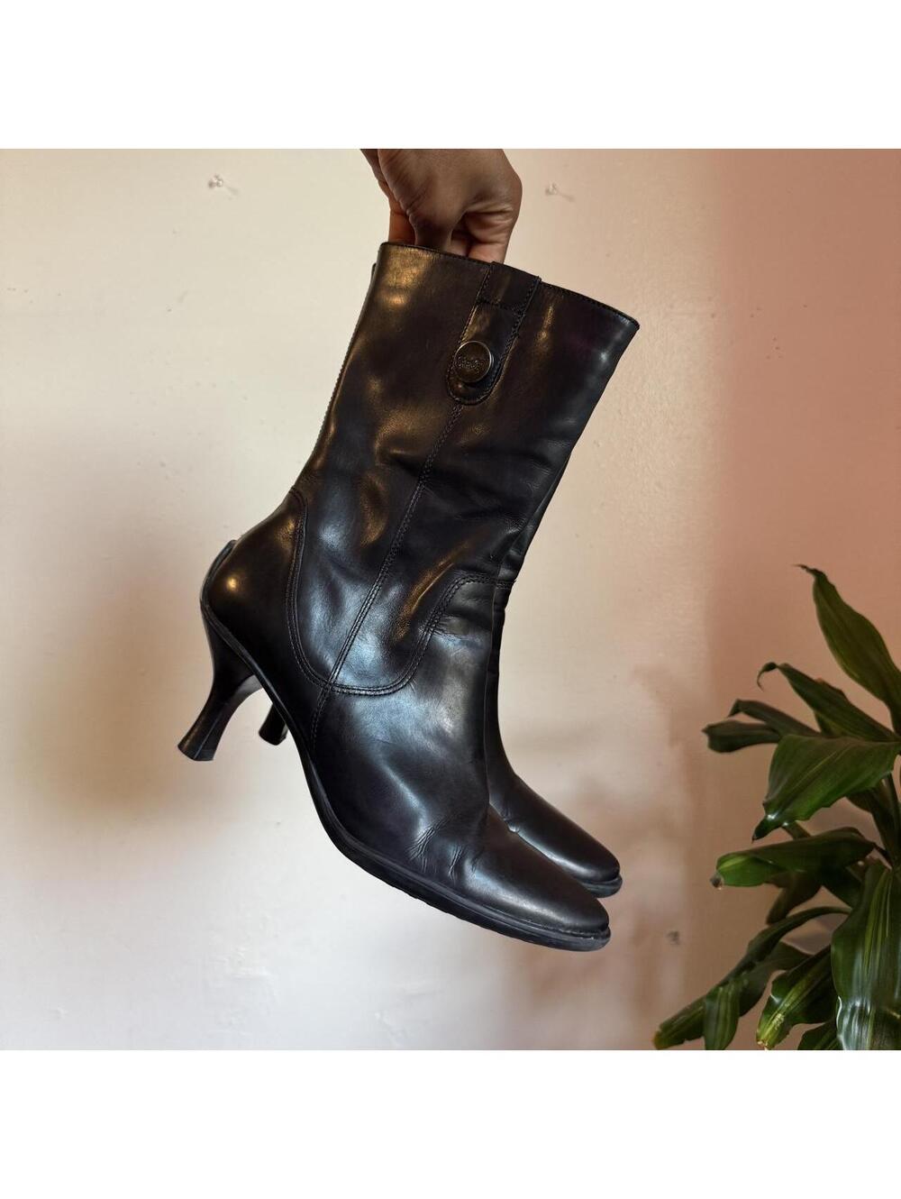 Y2k Carlos Santana minimalist Black Leather Kitten Heel Mid-Calf Boots Size 8M